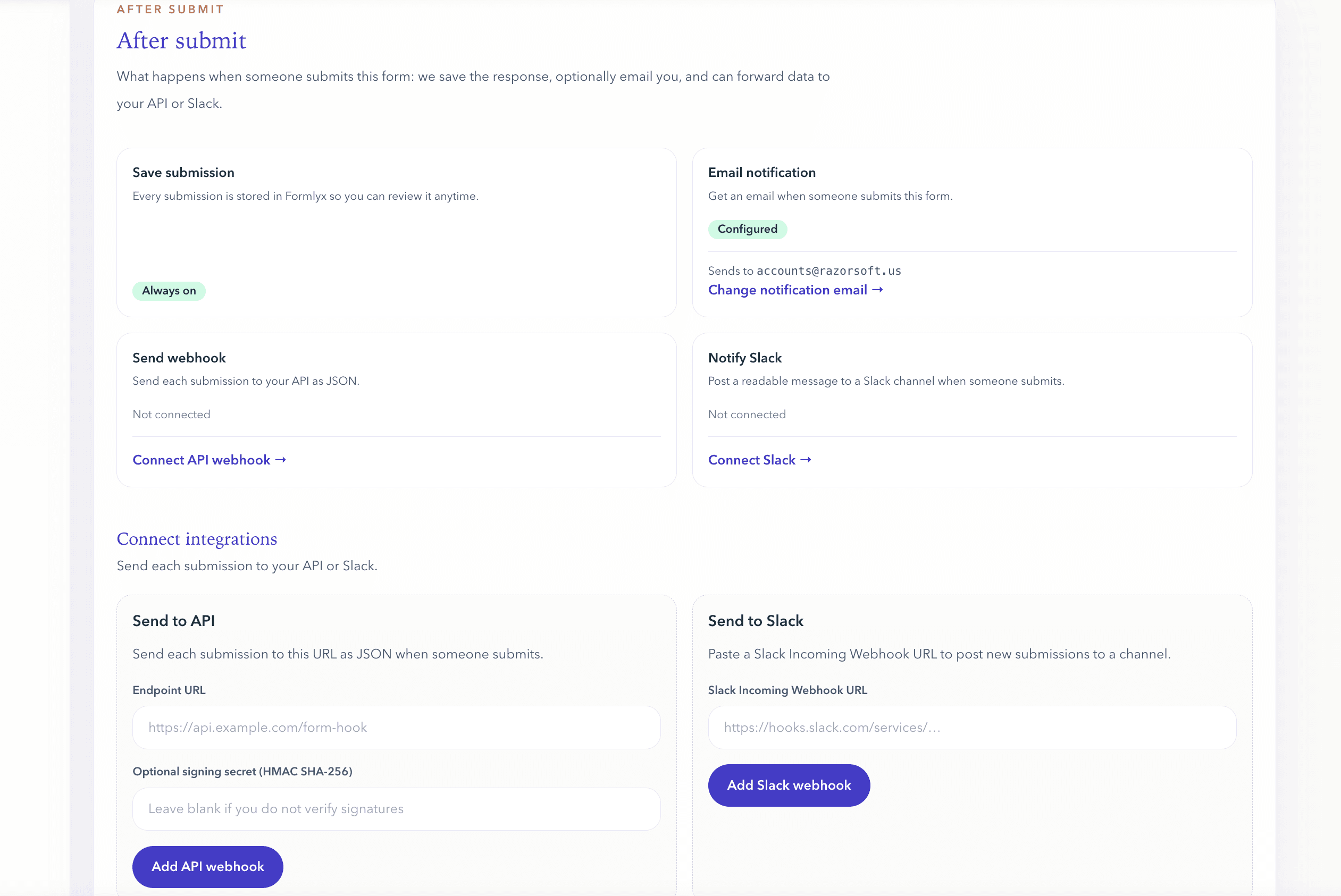 After submit actions with webhook configuration and delivery logs