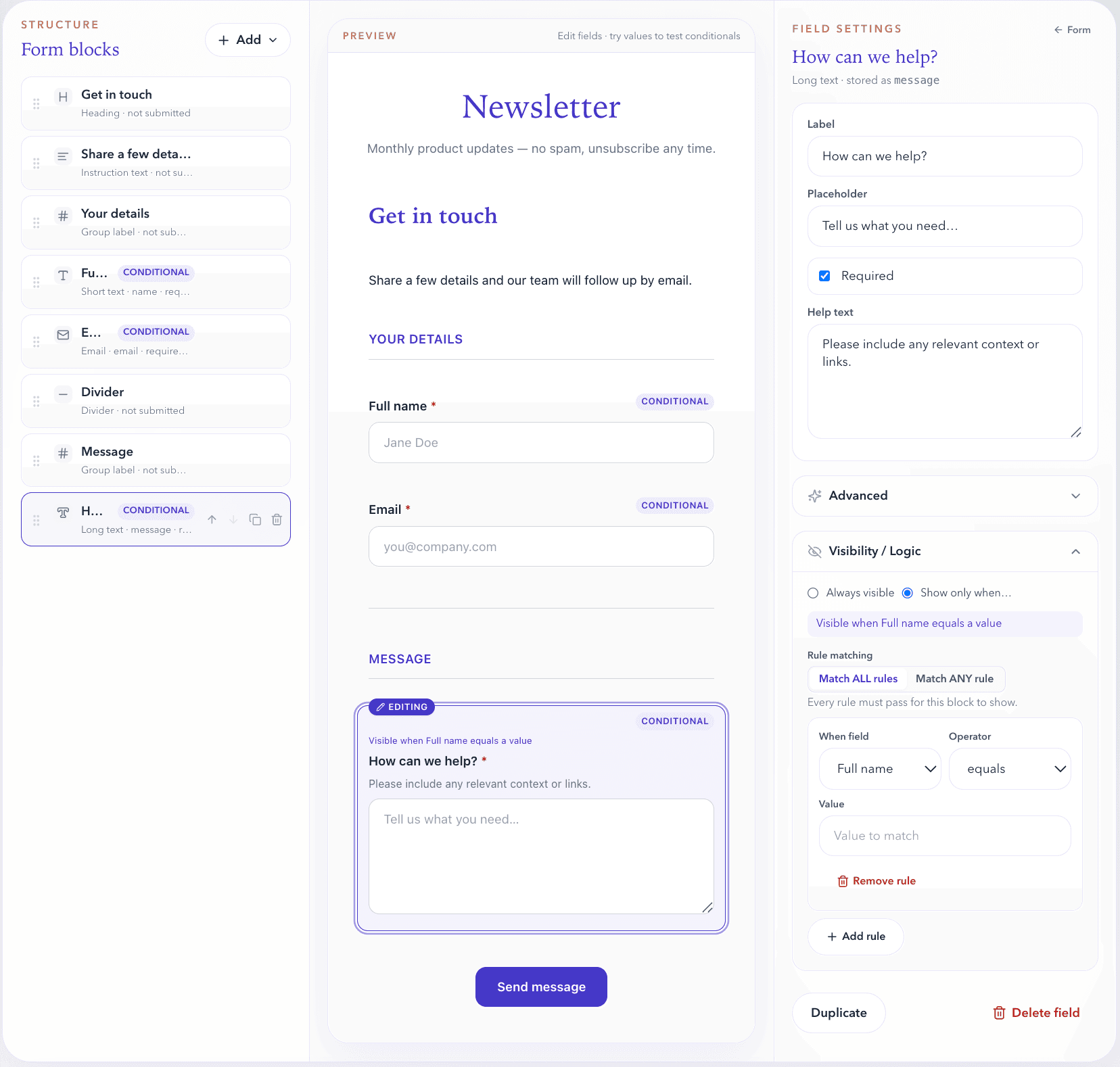 Formlyx visual builder with structure panel, live preview, and field inspector