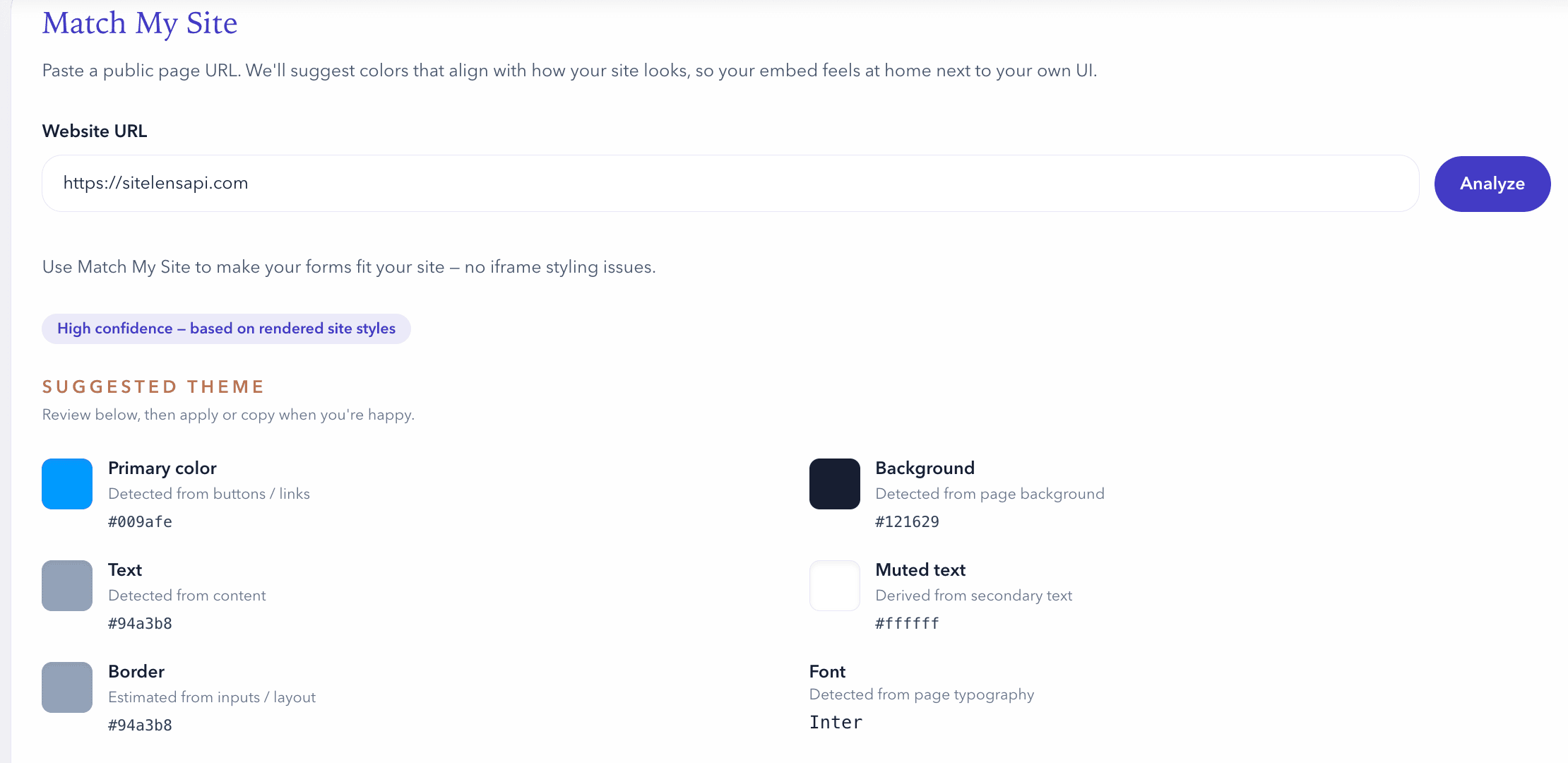 Match My Site panel analyzing a URL and applying brand colors to the form preview