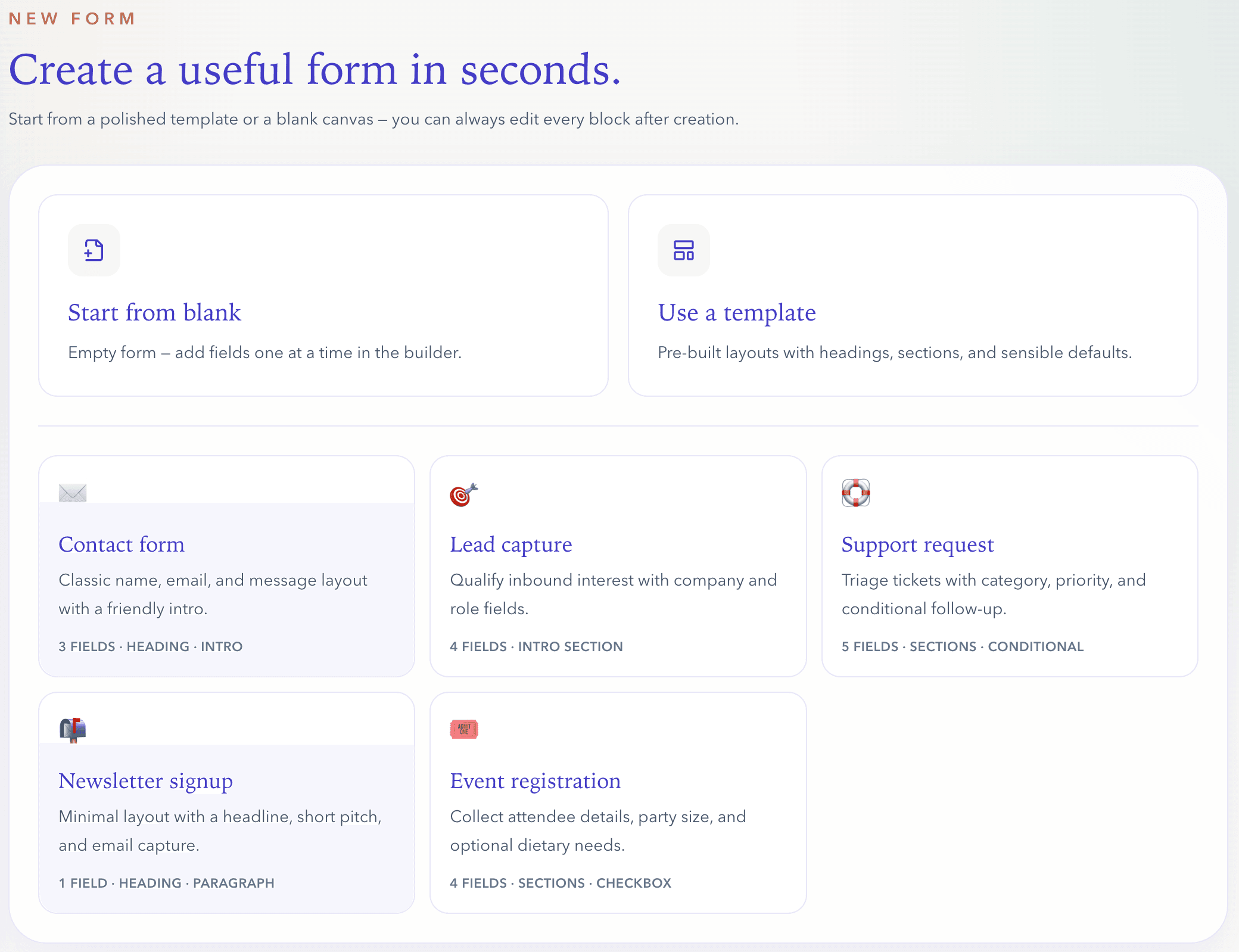 Starter template picker when creating a new form